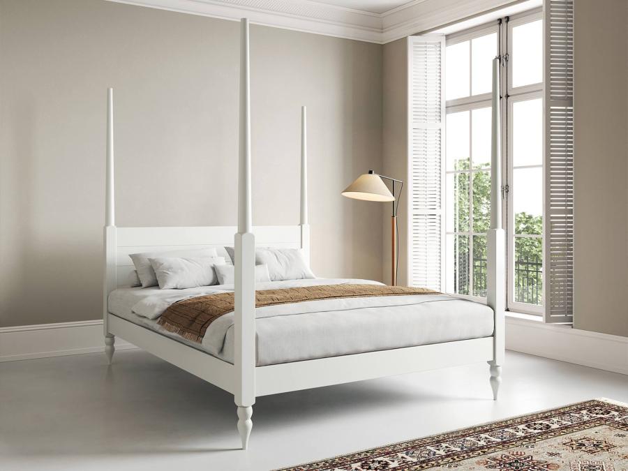 white wooden moroccan four poster bed frame