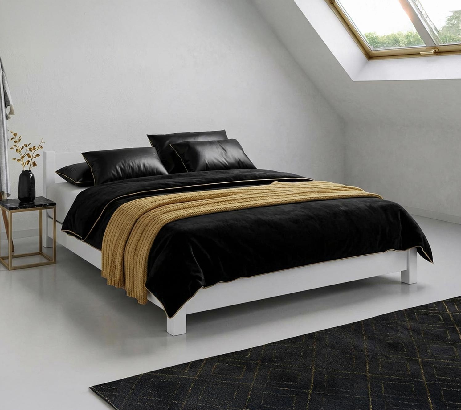 Texture et idées de décoration pour chambre noir et or