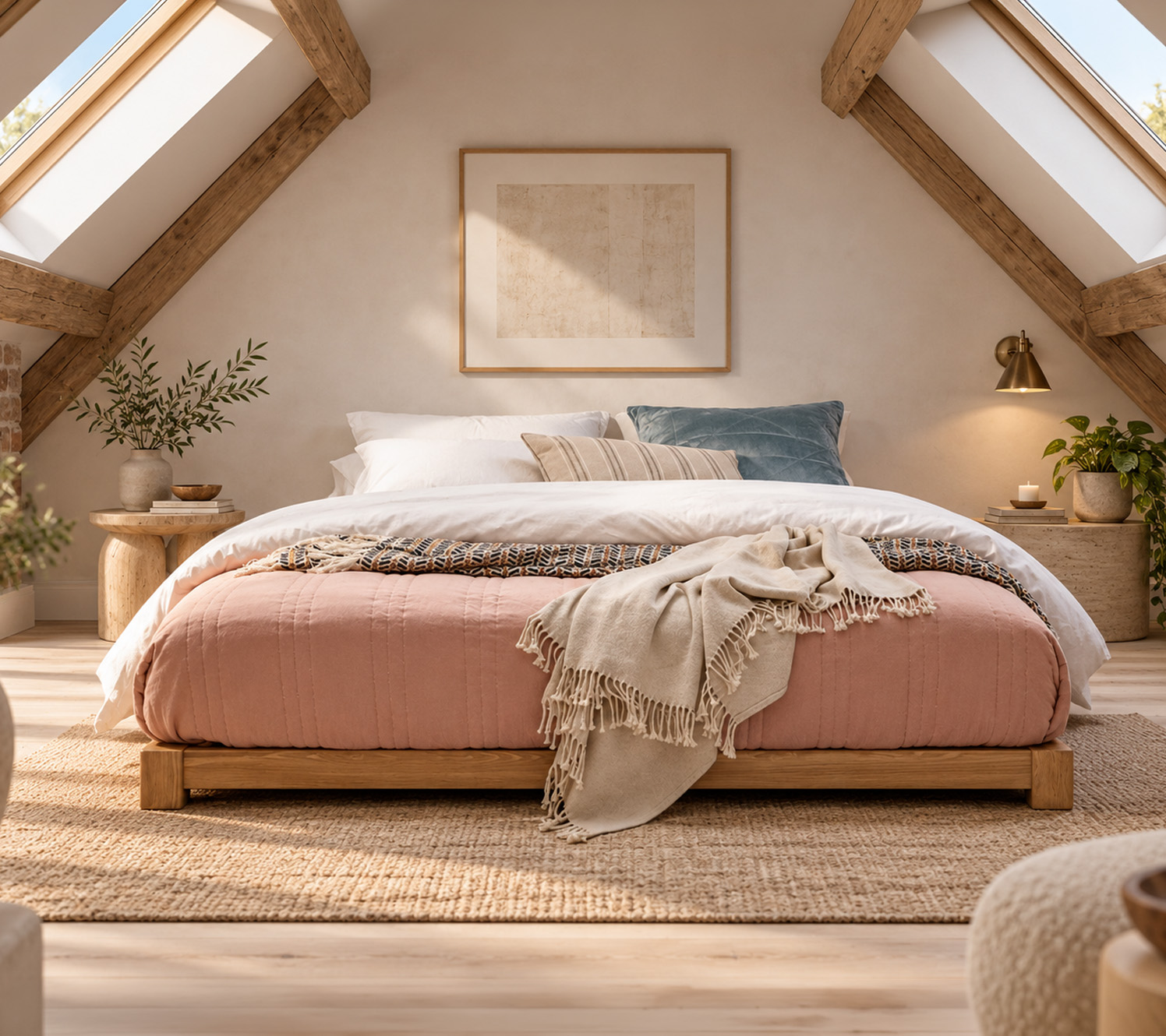 aménagement chambre mansardée Lit bas en bois