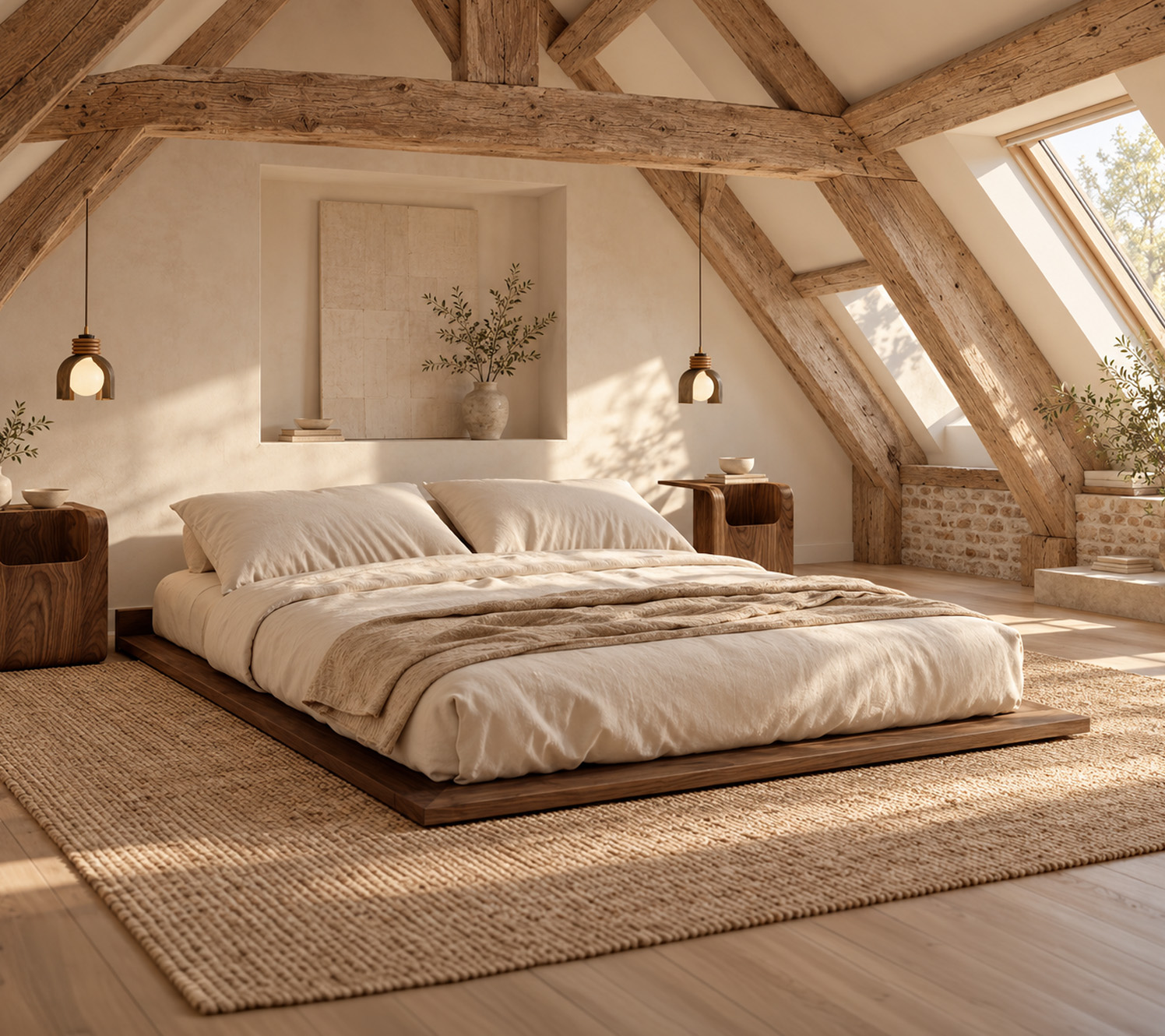design de chambre mansardée Poutres apparentes